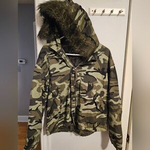 Camouflage Hooded Jacket with Faux Fur Trim